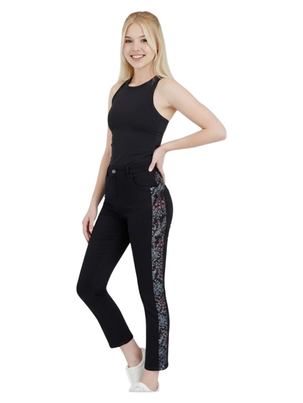 Logo Floral Side Stripe Black Stretch Jeans Pants, Cute Casual Style Plus 16